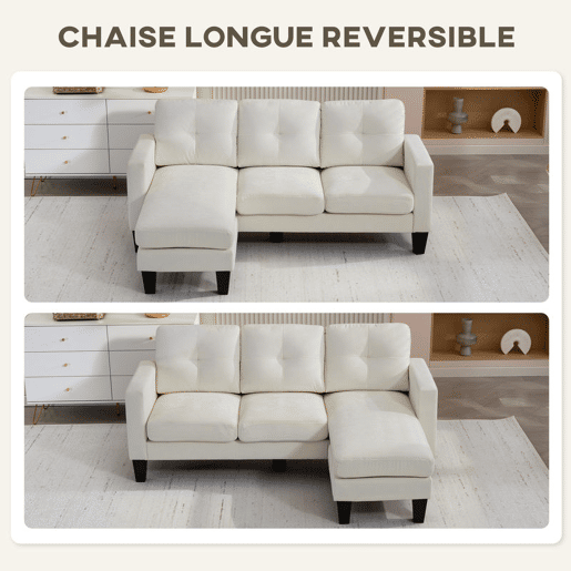 HOMCOM Sofá Chaise Longue Sofá em Forma de L Estofado em Poliéster Sofá de Canto Reversível com 3 Almofadas e Pés de Madeira para Sala de Estar Carga Máxima 180 kg 186x130x84 cm Creme