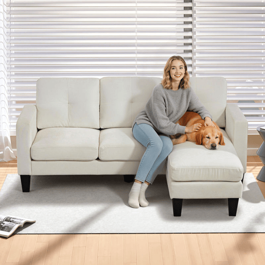 HOMCOM Sofá Chaise Longue Sofá em Forma de L Estofado em Poliéster Sofá de Canto Reversível com 3 Almofadas e Pés de Madeira para Sala de Estar Carga Máxima 180 kg 186x130x84 cm Creme