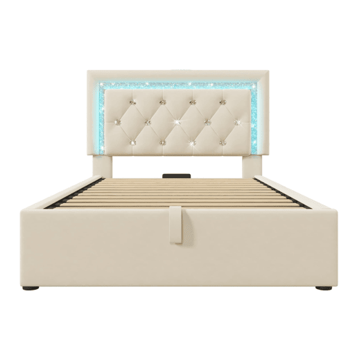 Cama individual 90x200 u2013 LED na cabeceira, USBType-C, canapé hidráulico com arrumação u2013 Bege