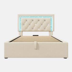 Cama individual 90x200 u2013 LED na cabeceira, USBType-C, canapé hidráulico com arrumação u2013 Bege