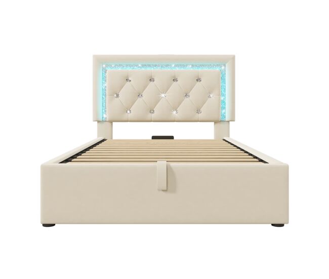 Cama individual 90x200 – led en cabecero, usb/type-c, canapé hidráulico con almacenaje – beige