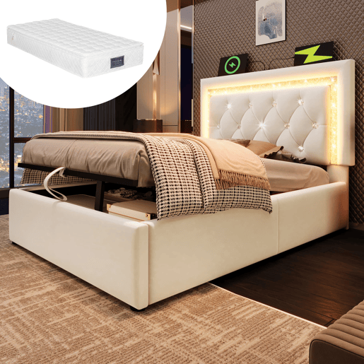 Cama individual 90x200 u2013 LED na cabeceira, USBType-C, canapé hidráulico com arrumação u2013 Bege