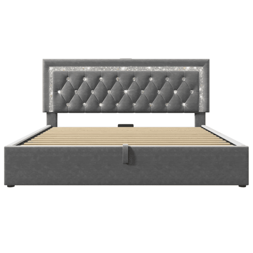 Cama estofada 140x200 cm - LED na cabeceira, USBType-C, armazenamento hidráulico, moderna - Cinza