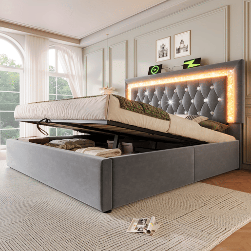 Cama estofada 140x200 cm - LED na cabeceira, USBType-C, armazenamento hidráulico, moderna - Cinza