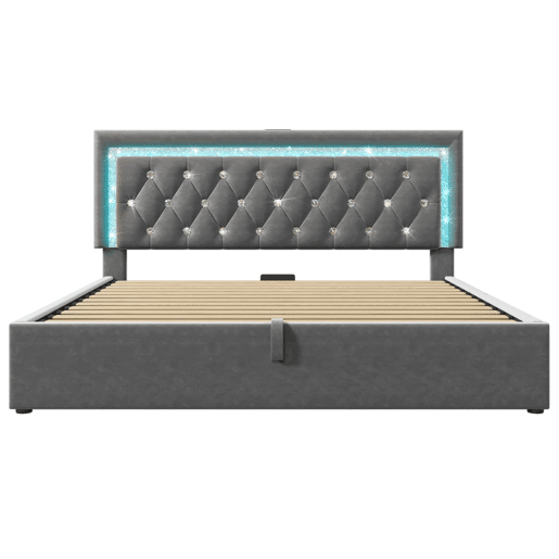 Cama estofada 140x200 cm - LED na cabeceira, USBType-C, armazenamento hidráulico, moderna - Cinza