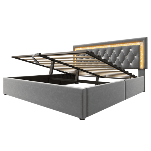 Cama estofada 140x200 cm - LED na cabeceira, USBType-C, armazenamento hidráulico, moderna - Cinza
