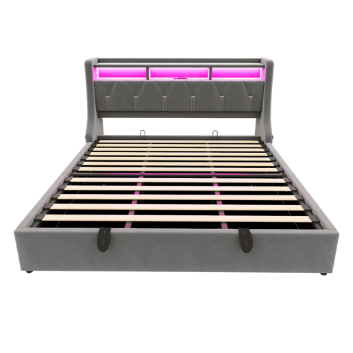 Cama estofada 180 x 200 cm - Cama com arrumação hidráulica, cabeceira rebatível com arrumação, tomada, LED - Cinza
