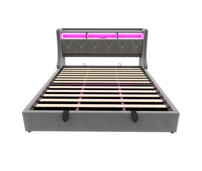 Cama tapizada 180 x 200 cm - cama de almacenamiento hidráulica, cabecero abatible con almacenamiento, enchufe, led - gris