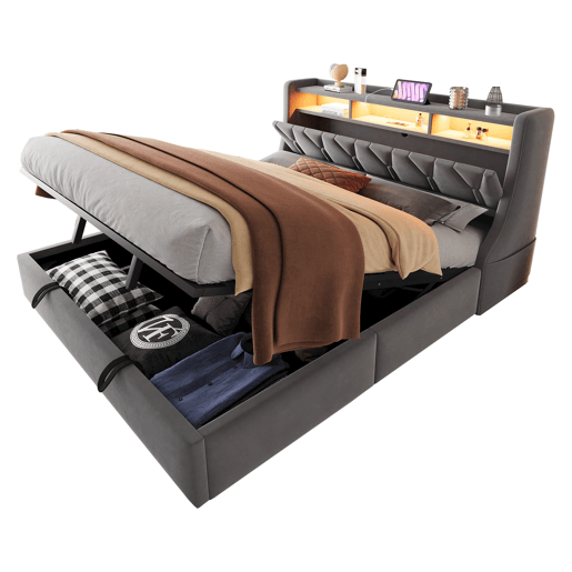 Cama estofada 180 x 200 cm - Cama com arrumação hidráulica, cabeceira rebatível com arrumação, tomada, LED - Cinza