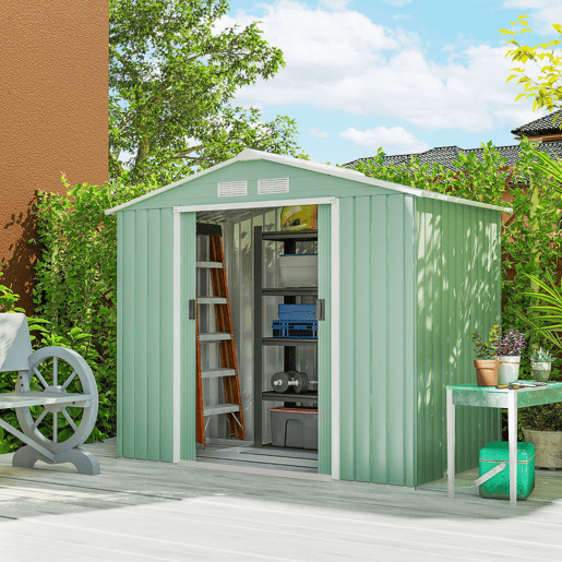Outsunny Abrigo de Jardim 213x130x185 cm Abrigo de Jardim Metálico de Exterior para Armazenamento de Ferramentas com 2 Portas Deslizantes e 4 Janelas para Terraço Verde Claro