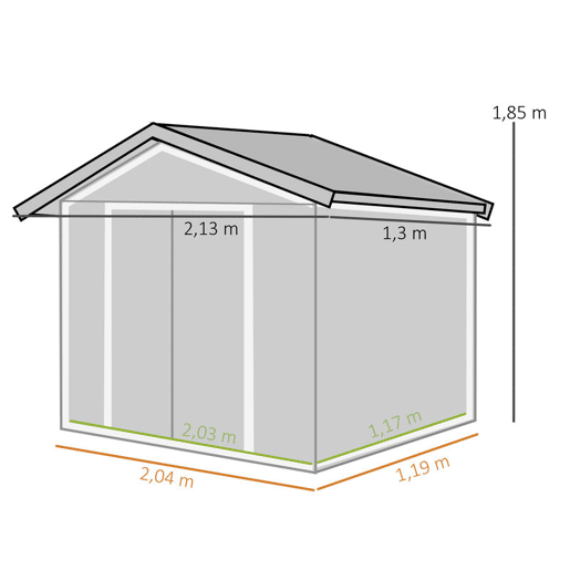 Outsunny Abrigo de Jardim 213x130x185 cm Abrigo de Jardim Metálico de Exterior para Armazenamento de Ferramentas com 2 Portas Deslizantes e 4 Janelas para Terraço Verde Claro
