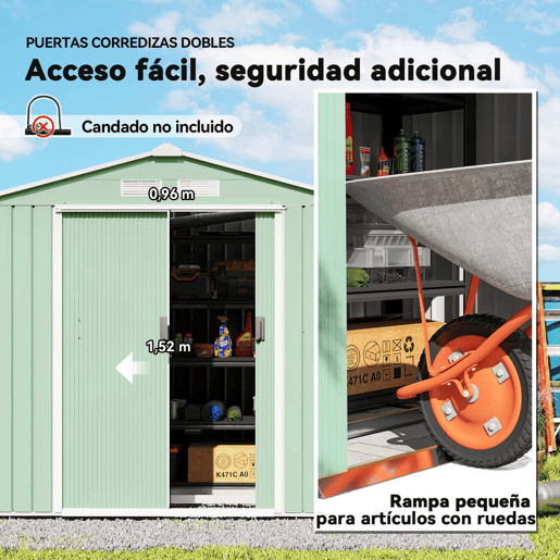 Outsunny Abrigo de Jardim 213x130x185 cm Abrigo de Jardim Metálico de Exterior para Armazenamento de Ferramentas com 2 Portas Deslizantes e 4 Janelas para Terraço Verde Claro