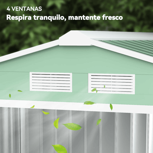 Outsunny Abrigo de Jardim 213x130x185 cm Abrigo de Jardim Metálico de Exterior para Armazenamento de Ferramentas com 2 Portas Deslizantes e 4 Janelas para Terraço Verde Claro
