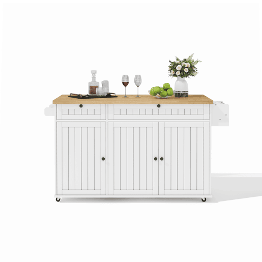 Ilha de cozinha 137x89,5x45 cm - Com 6 rodas bloqueáveis, prateleira, 2 gavetas grandes - Branco+Natural