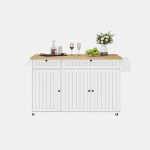 Ilha de cozinha 137x89,5x45 cm - Com 6 rodas bloqueáveis, prateleira, 2 gavetas grandes - Branco+Natural
