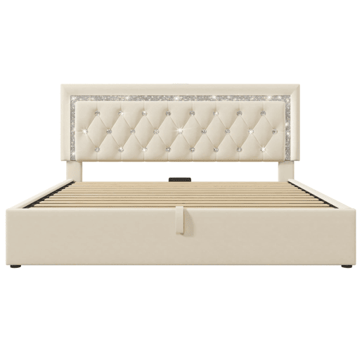 Cama estofada 160x200 cm - LED na cabeceira, USBType-C, armazenamento hidráulico - Bege