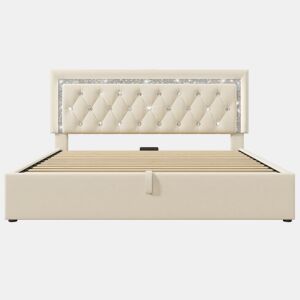 Cama estofada 160x200 cm - LED na cabeceira, USBType-C, armazenamento hidráulico - Bege
