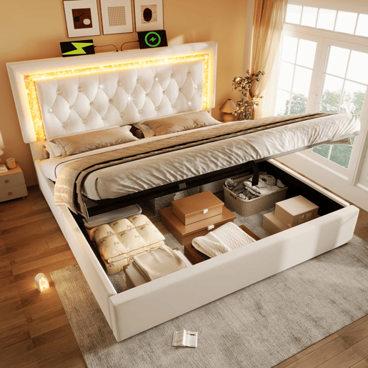 Cama estofada 160x200 cm - LED na cabeceira, USBType-C, armazenamento hidráulico - Bege