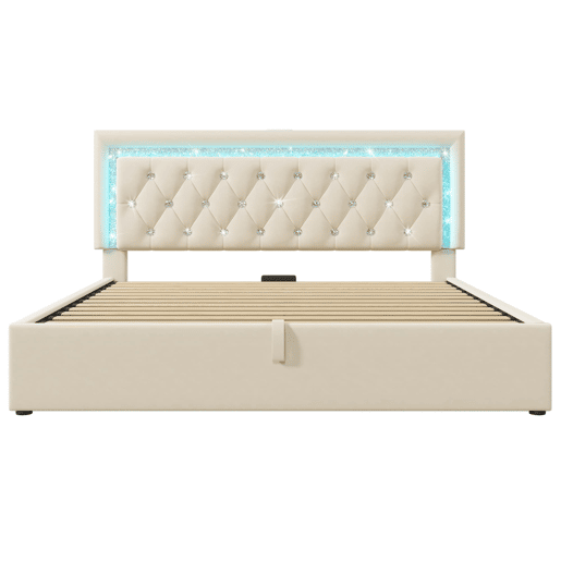 Cama estofada 160x200 cm - LED na cabeceira, USBType-C, armazenamento hidráulico - Bege