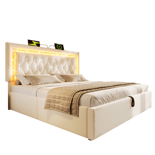 Cama estofada 160x200 cm - LED na cabeceira, USBType-C, armazenamento hidráulico - Bege