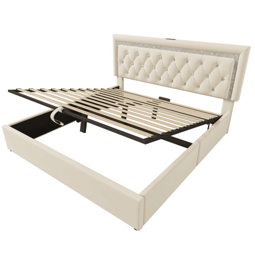 Cama estofada 160x200 cm - LED na cabeceira, USBType-C, armazenamento hidráulico - Bege