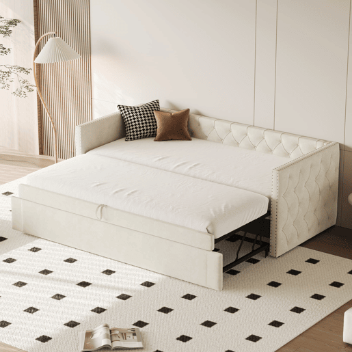 Sofá-cama 90x200 cm - Com estrado, multifuncional, tecido de veludo, bege