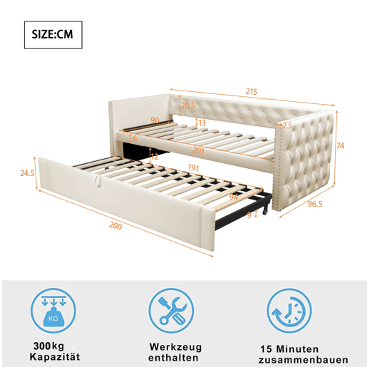 Sofá-cama 90x200 cm - Com estrado, multifuncional, tecido de veludo, bege