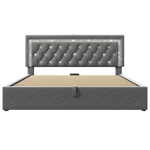 Cama estofada 160x200 cm - LED na cabeceira, USB e Type-C, armazenamento hidráulico - Cinza