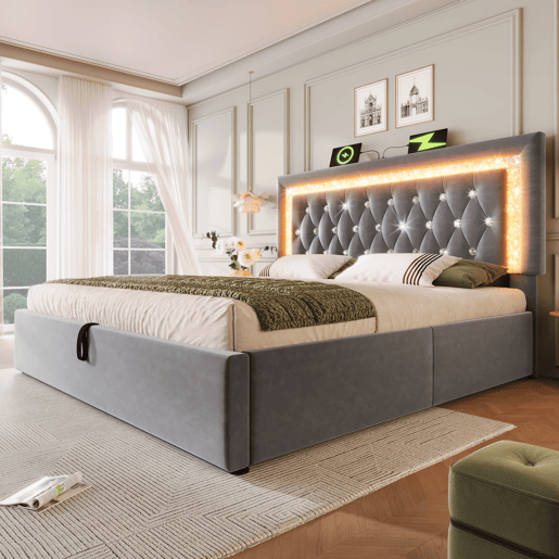 Cama estofada 160x200 cm - LED na cabeceira, USB e Type-C, armazenamento hidráulico - Cinza