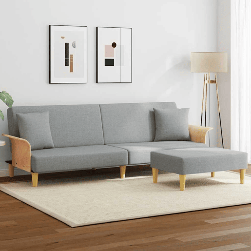 Sofá-cama, Sofá conversível 2 lugares c almofadas e apoio pés veludo cinza-claro