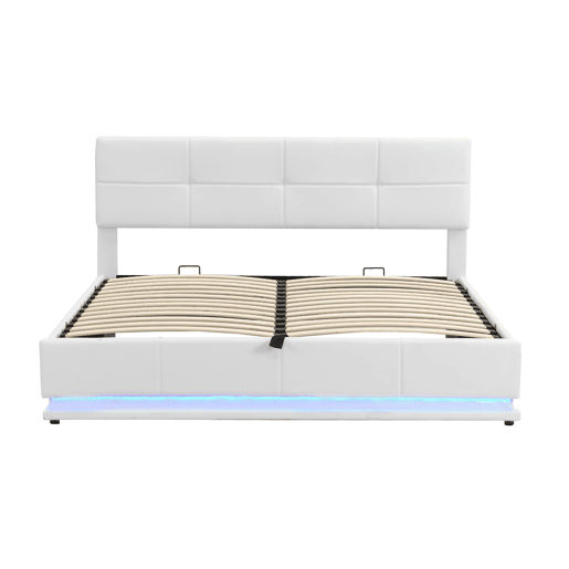 Cama estofada 180x200 cm - Com LED, armazenamento hidráulico, base de madeira, couro sintético - Branco