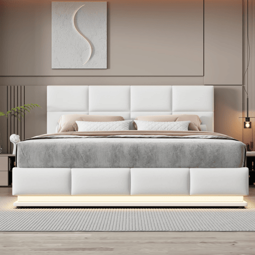 Cama estofada 180x200 cm - Com LED, armazenamento hidráulico, base de madeira, couro sintético - Branco