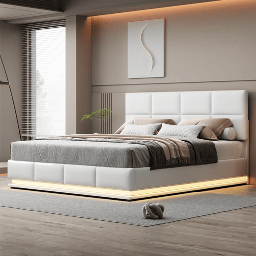 Cama estofada 180x200 cm - Com LED, armazenamento hidráulico, base de madeira, couro sintético - Branco