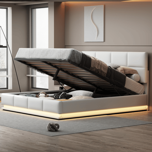 Cama estofada 180x200 cm - Com LED, armazenamento hidráulico, base de madeira, couro sintético - Branco