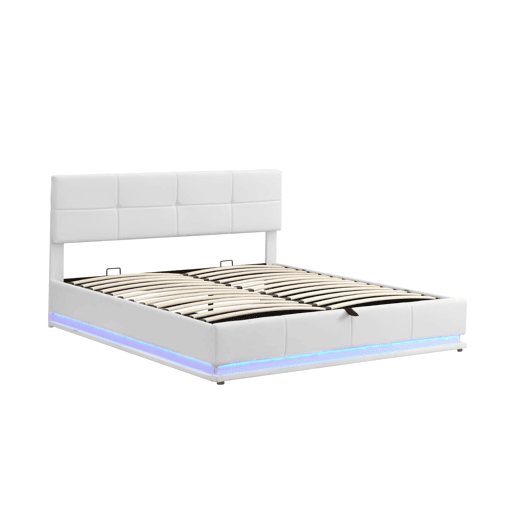 Cama estofada 180x200 cm - Com LED, armazenamento hidráulico, base de madeira, couro sintético - Branco