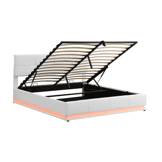 Cama estofada 180x200 cm - Com LED, armazenamento hidráulico, base de madeira, couro sintético - Branco