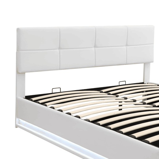 Cama estofada 180x200 cm - Com LED, armazenamento hidráulico, base de madeira, couro sintético - Branco