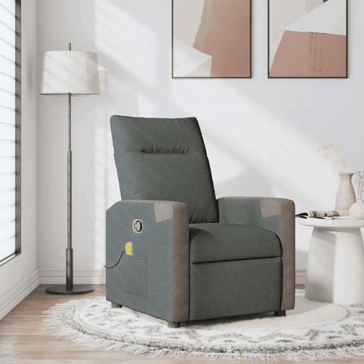 Poltrona de massagens reclinável - Poltrona relax tecido cinzento-escuro Poltrona de massagens reclinável - Poltrona relax tecido cinzento-escuro