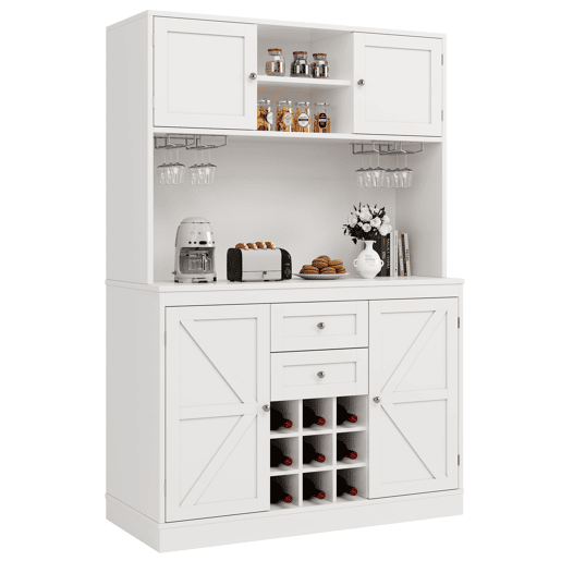 Armário de cozinha com prateleiras ajustáveis e garrafeira - Armário alto com 4 portas e 2 gavetas - Branco