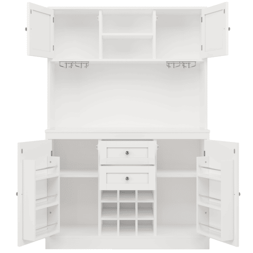 Armário de cozinha com prateleiras ajustáveis e garrafeira - Armário alto com 4 portas e 2 gavetas - Branco