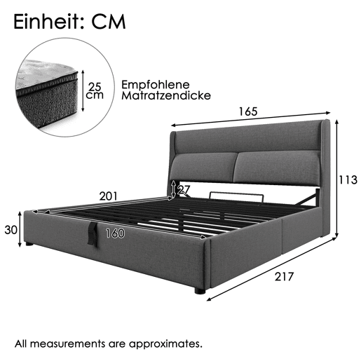 Cama estofada 160x200 cm - Cabeceira ajustável, canapé hidráulico com arrumação - Cinza