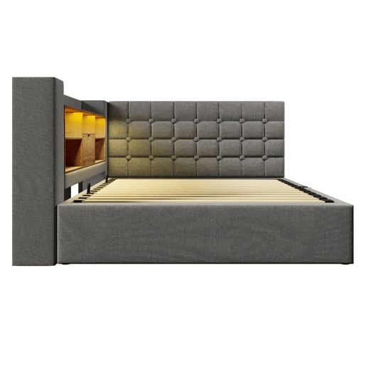 Cama estofada 140x200 cm - LED, armazenamento hidráulico, cabeceira L, colchão incluído - Cinza Cama estofada 140x200 cm - LED, armazenamento hidráulico, cabeceira L, colchão incluído - Cinza