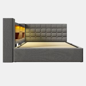 Cama estofada 140x200 cm - LED, armazenamento hidráulico, cabeceira L, colchão incluído - Cinza