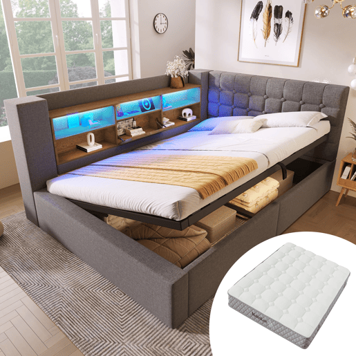Cama estofada 140x200 cm - LED, armazenamento hidráulico, cabeceira L, colchão incluído - Cinza Cama estofada 140x200 cm - LED, armazenamento hidráulico, cabeceira L, colchão incluído - Cinza