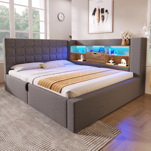Cama estofada 140x200 cm - LED, armazenamento hidráulico, cabeceira L, colchão incluído - Cinza Cama estofada 140x200 cm - LED, armazenamento hidráulico, cabeceira L, colchão incluído - Cinza