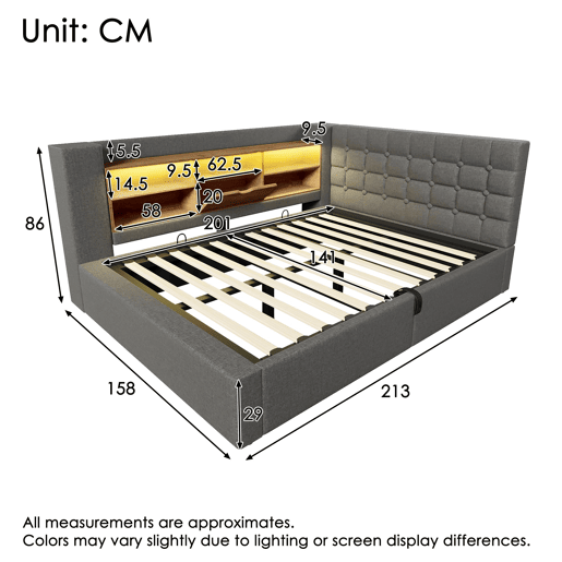 Cama estofada 140x200 cm - LED, armazenamento hidráulico, cabeceira L, colchão incluído - Cinza Cama estofada 140x200 cm - LED, armazenamento hidráulico, cabeceira L, colchão incluído - Cinza