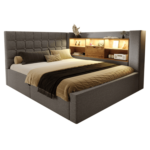 Cama estofada 140x200 cm - LED, armazenamento hidráulico, cabeceira L, colchão incluído - Cinza Cama estofada 140x200 cm - LED, armazenamento hidráulico, cabeceira L, colchão incluído - Cinza