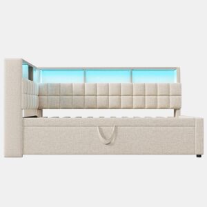 Cama individual 90x200 - Polipiel com LED, Bluetooth, USBType-C, cabeceira em L com arrumação - Bege