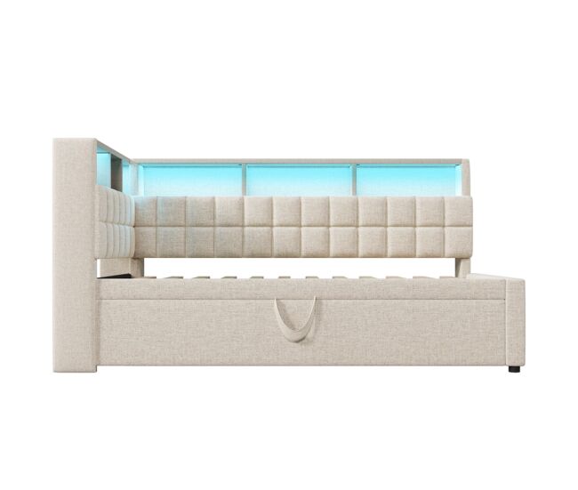 Cama individual 90x200 - polipiel con led, bluetooth, usb/type-c, l-cabecero con almacenaje - beige