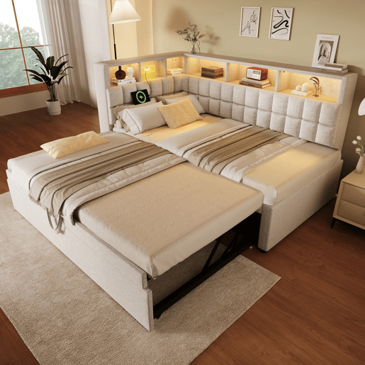 Cama individual 90x200 - Polipiel com LED, Bluetooth, USBType-C, cabeceira em L com arrumação - Bege Cama individual 90x200 - Polipiel com LED, Bluetooth, USBType-C, cabeceira em L com arrumação - Bege